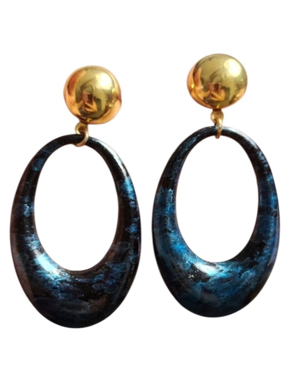 Gold Tone Blue Iridescent Drop Earrings